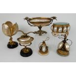 A COLLECTION OF 19TH CENTURY MOTHER OF PEARL including a gilt metal table bell formed from three