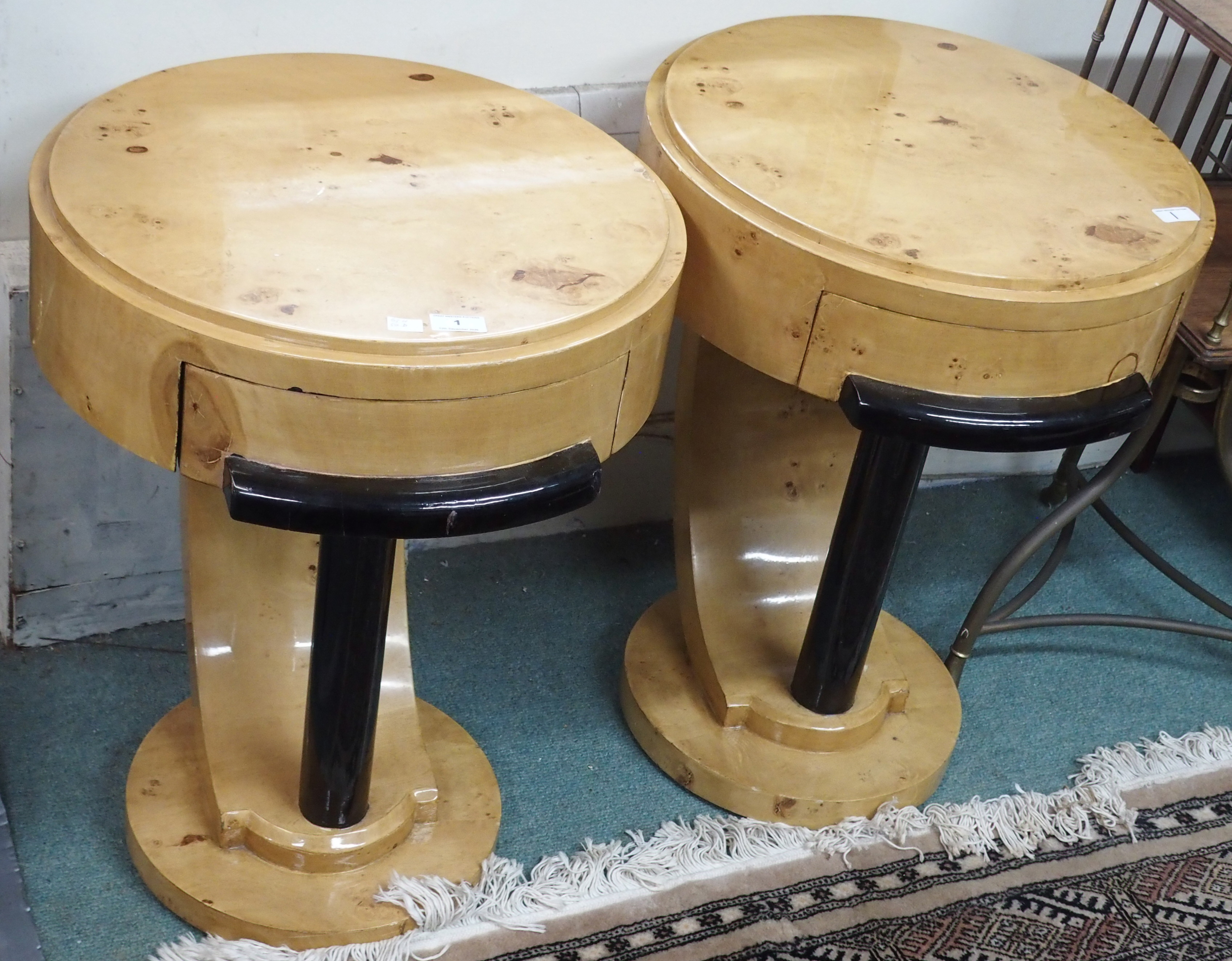 A pair of Art Deco style side tables, 65cm high x 50cm deep (2) Condition Report: Available upon