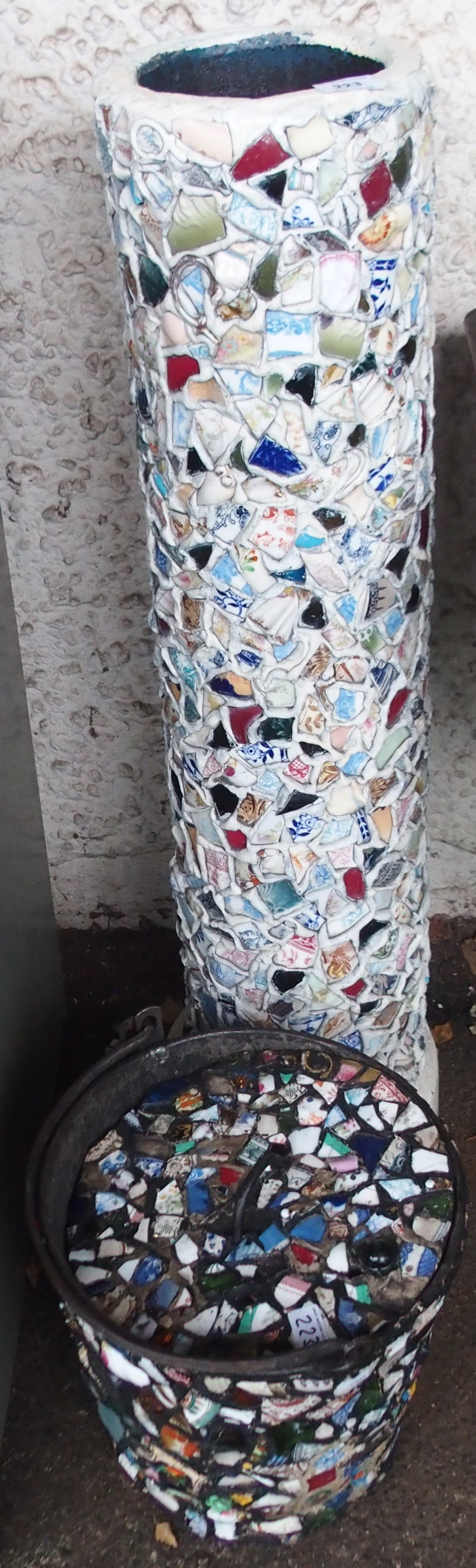 A mosaic decorated chimney pot and coal bucket (2) Condition Report: Available upon request