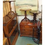 A cast iron corner stick stand, shooting stick and three occasional tables (5) Condition Report: