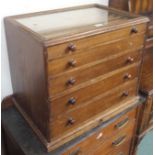 A Victorian pine collectors cabinet with glass top and five graduating drawers, 52cm high x 62cm