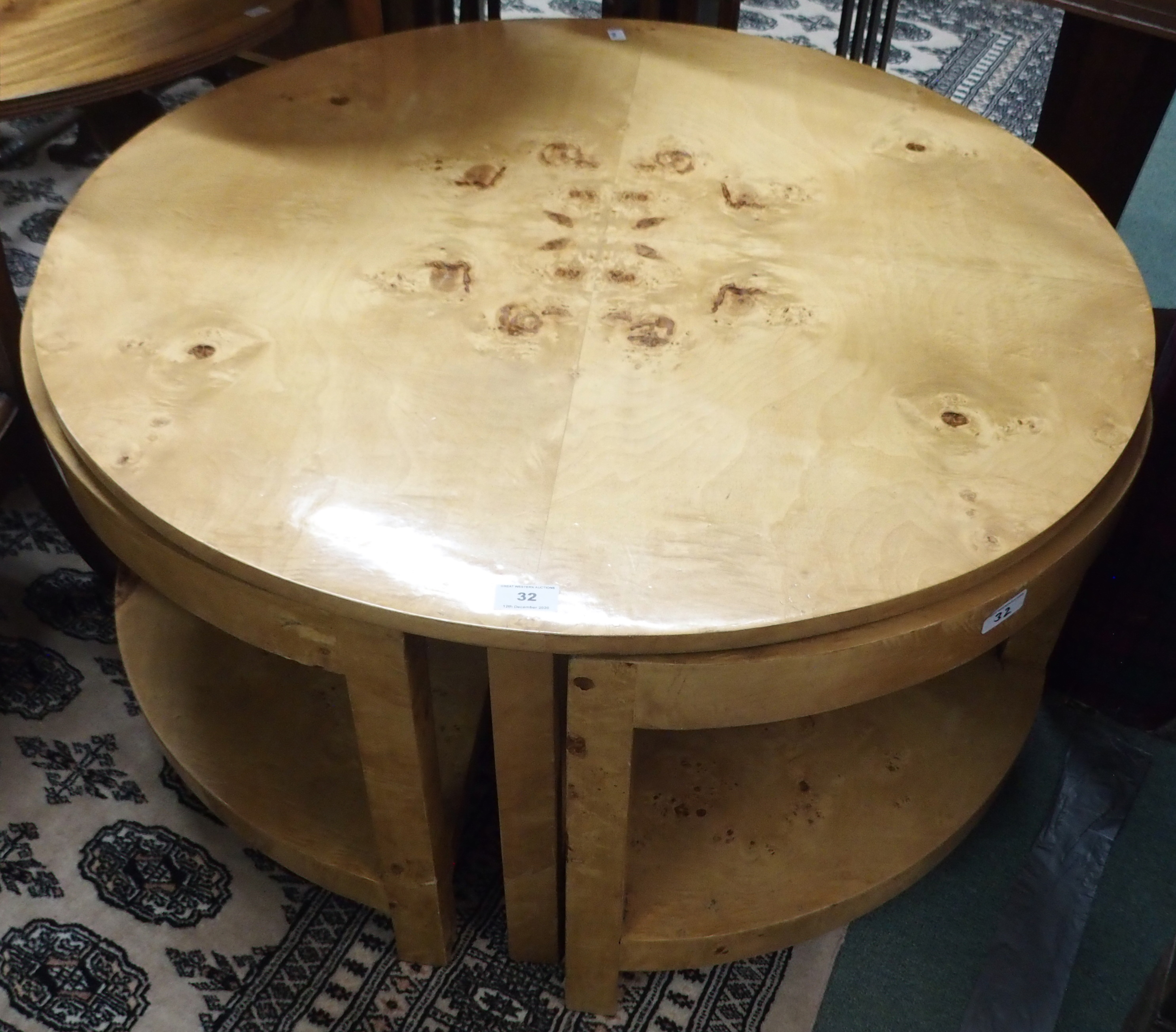 A burr wood circular table with two nesting tables, 48cm high x 90cm diameter Condition Report: