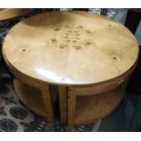 A burr wood circular table with two nesting tables, 48cm high x 90cm diameter Condition Report: