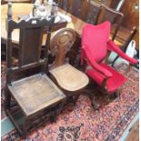 A Victorian mahogany X-frame chair, Victorian mahogany hall chair and an 18th Century chair (3)