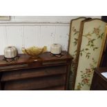 A four-fold floral pained screen, 145cm high, a pair of shades and a glass bowl (4) Condition