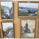 JAMES MACMASTER Street scene, signed, watercolour, 37 x 27cm, beach at Tayport, 25 x 34cm and two