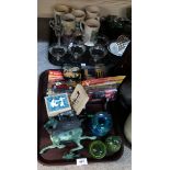 A Mdina glass vase and two paperweights, star marble bear group, assorted glasses, tankards etc