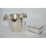 A lot comprising a silver plated ice pail with stag's head handles and a silver plated box (2)