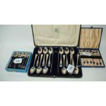 A lot comprising a cased set of twelve silver teaspoons with tongs, a cased set of EP coffee bean