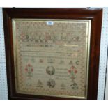 A Victorian alphabet sampler, dated 1869, 45 x 42cm, framed and glazed, 60 x 58cm overall