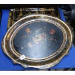 A Walton and Co papier mache tray with flower decoration and a metal tray with chinoiserie