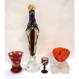 A Murano glass sculpture of the Madonna, a Kosta Boda dish on stand and two other glass pieces