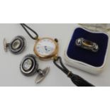 A pair of white metal and crystal retro cufflinks and a similar citrine set ring size J, made by