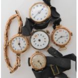 Five 9ct gold cased ladies vintage watches, with gold plated and silk straps total weight