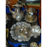 A tray lot of EP - coffee pot, biscuit barrel, rose bowl, salver etc Condition Report: Available