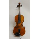 A one piece back violin 35.5cm with with label to the interior WM. Webbe maker London 1931 with an