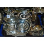 A tray lot of EP - hot water pot, tazzas, salver etc Condition Report: Available upon request
