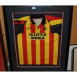 A yellow and red Partick Thistle short-sleeved shirt,, framed and glazed, 103 x 84cm overall