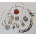 A silver retro bracelet and pendant, three pewter pendants by Ceard and other items of silver and