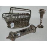 A lot comprising a wine bottle basket, a vase and a white metal document holder (3) Condition