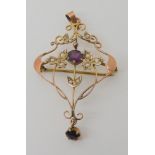 A 9ct Edwardian pendant set with pearls and amethysts, length 5.4cm, weight 3gms Condition Report: