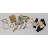 A 9ct brooch and ring both (af) weight 2.6gms, a silver cased Olina ladies watch and other items