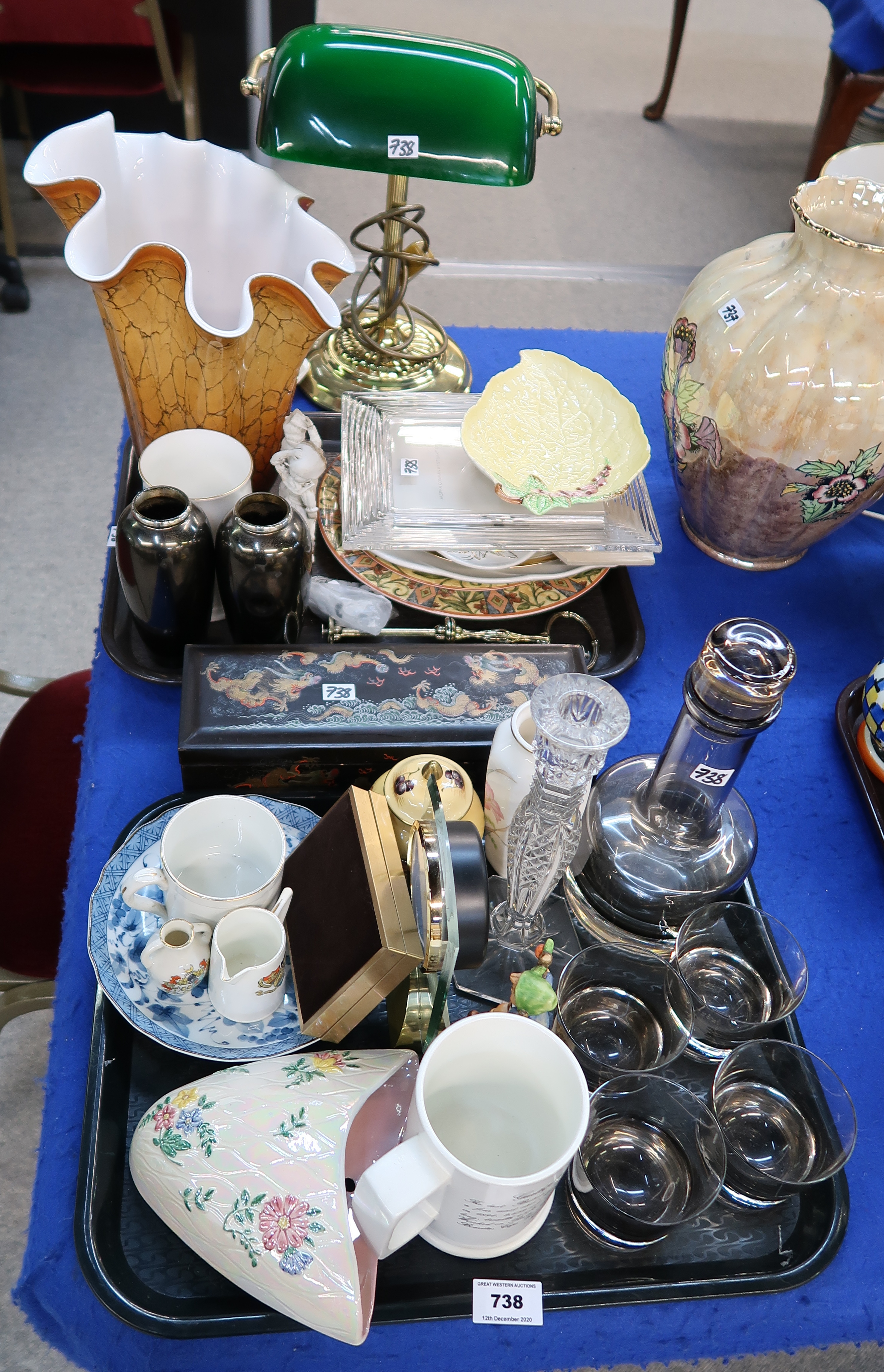 A Waterford crystal candlestick, Jasper Conran crystal frame,Chinese lacquer box, table lamp and