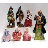 A collection of seven Royal Doulton figures including Blue Beard, The pied Piper, The Mask Seller,