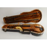 A Czechoslovakian two piece back viola 39 cm together with two bows 57 gms and 61 gms and a case