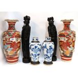 A pair of Satsuma vases decorated with figures, a pair of resin figures and a pair of blue and white
