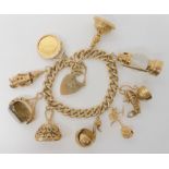 A 9ct gold charm bracelet with a 1895 gold half sovereign, six 9ct charms and two in yellow metal,