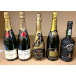 Two bottles of Moet & Chandon champagne, two other bottles champagnes and Sandeman Port (5)