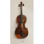 A German one piece back violin 36cm, bearing label to the interior Christ Gottfried Hamm, probe