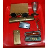 Small silver pot, amber cigarette holder, various lighters etc Condition Report: Available upon