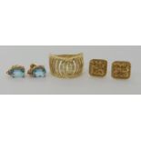 A 9ct gold wide patterned dress ring size N, a pair of 9ct gold apertite and white topaz earrings