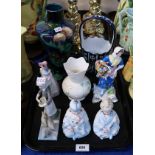 A pair of bisque nodding figures, a contiental figure, a porcelain lady bell, a Titian Ware vase (