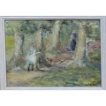 MARGARET FORREST Girl in a wood, signed, oil on board, 12 x 16cm Condition Report: Available upon