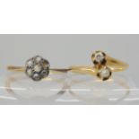 A 14k pearl and diamond twin stone ring, size L1/2, weight 1.7gms, together with a 18ct gold rose