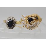 An 18ct gold sapphire and diamond cluster ring, size J, together with an 18ct blue and clear gem set