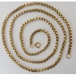 A 9ct gold heavy weight box chain, width of link approx 3mm, length of chain 65cm, weight 31.8gms