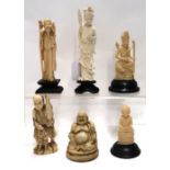 A collection of antique ivory figures and a resin figure of buddha, tallest 18cm on stand (6)