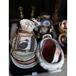 Assorted pates including Paragon and Coalport, brass candlesticks, assorted teawares, Maling bowl