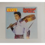 A box of Elvis Presley vinyl LP records with Easy Come Easy Go, Is Back, Almost in Love, Double