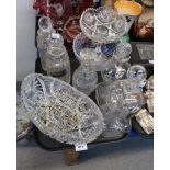 A pair of cut glass decanters, a ring necked decanter, two hour glass decanters and other items