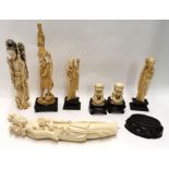 A collection of antique ivory figures, tallest 28cm and a pair of resin fo dogs Condition Report: