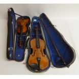 A Scottish violin 33 cm by Thomas Craig 1907 and a student violin 26 cm with two bows 64 gms and