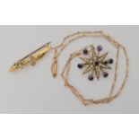 A 9ct gold pearl and amethyst set Edwardian star pendant brooch, diameter 2.5cm, with a vintage