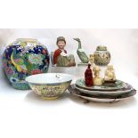 A Chinese butterfly decorated dish, a Celadon dish, an Imari dish, assorted figures, a ginger jar