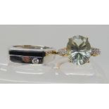 A 9ct gold onyx and diamond signet ring finger size U, together with a green amethyst and diamond