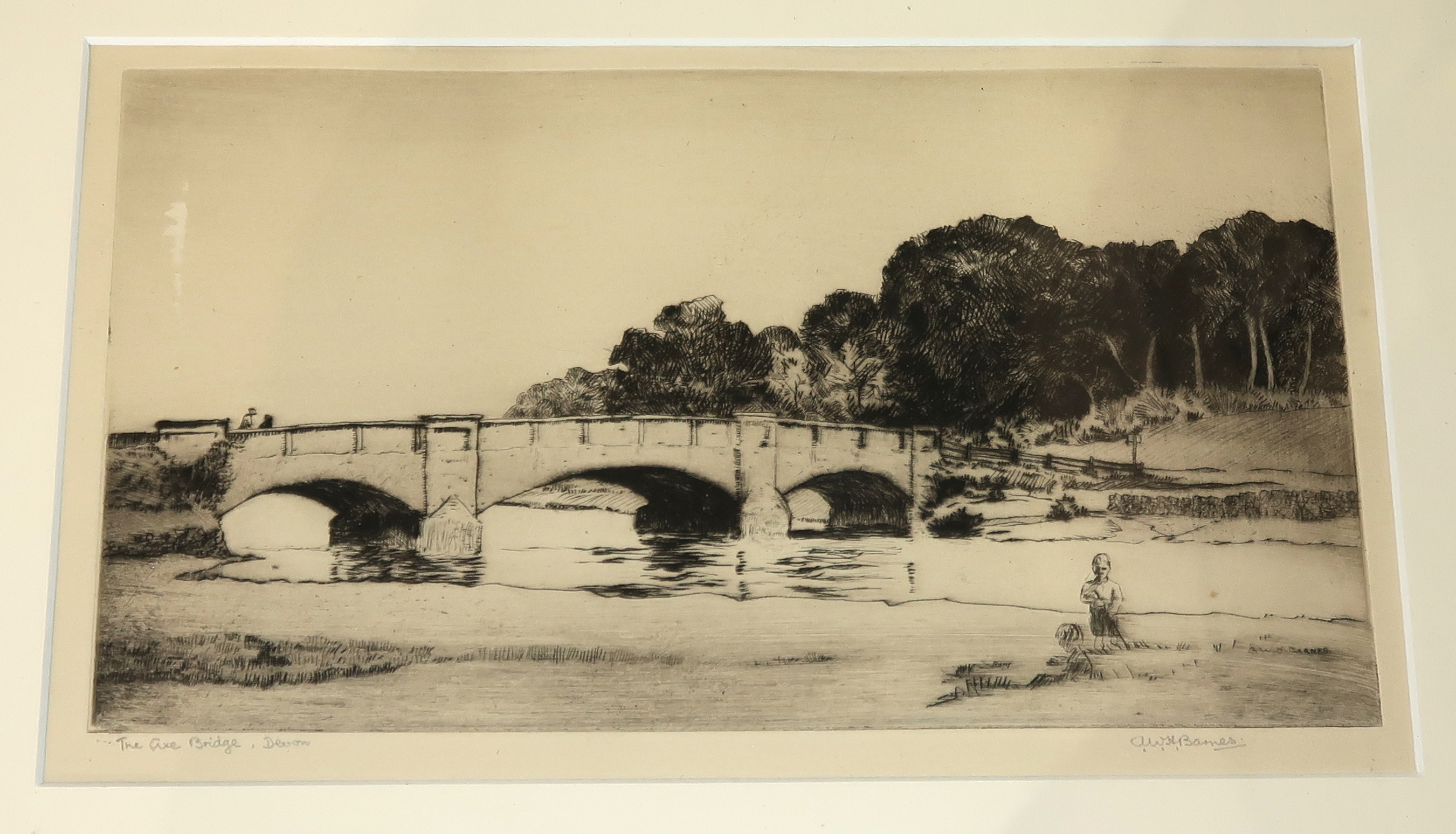 A W BARNES The Axe Bridge, Devon, signed, etching and two others (3) Condition Report: Available